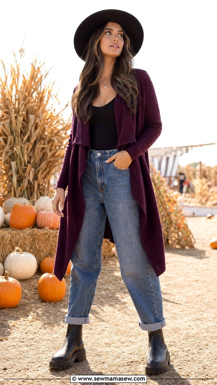 Baggy jeans with a waterfall cardigan and platform boots - 30 Baggy jeans outfit ideas with a cardigan
