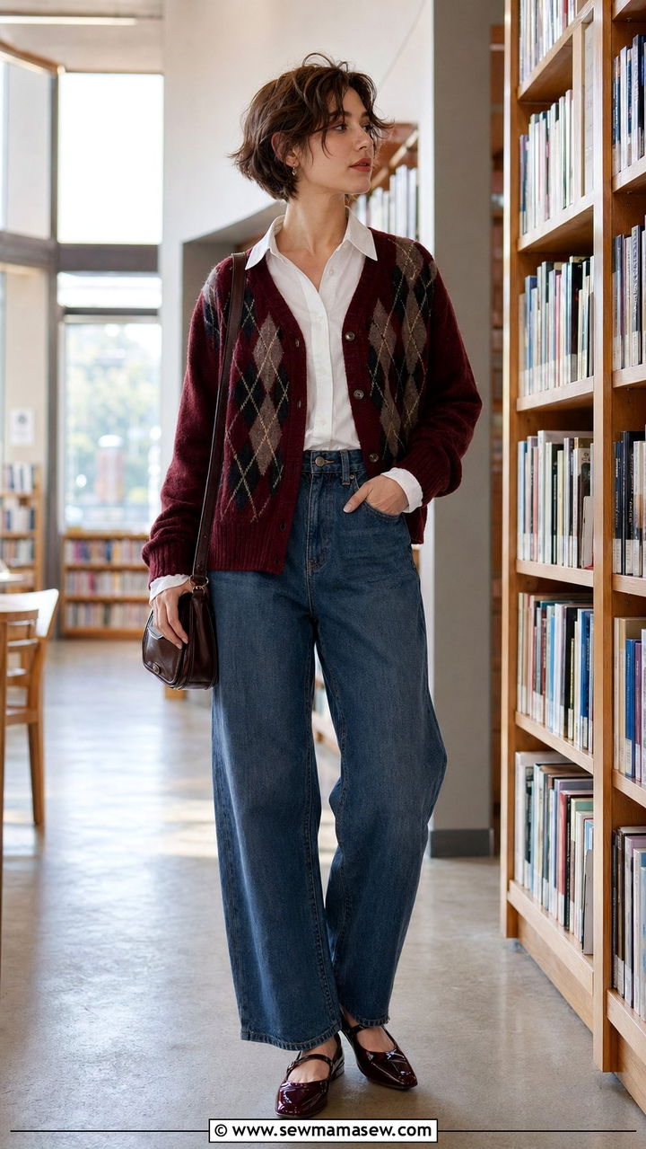 Baggy jeans with an argyle cardigan and Mary Jane flats - 30 Baggy jeans outfit ideas with a cardigan