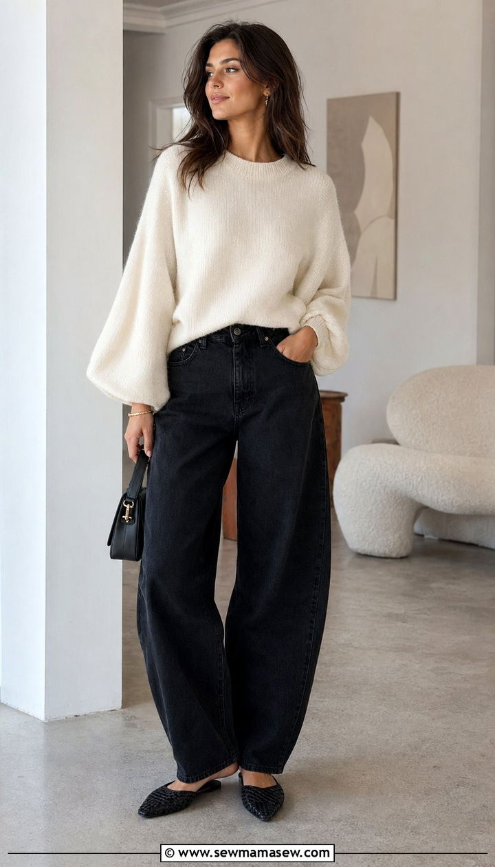 Baggy jeans with balloon sleeve sweater and mules - 30 Baggy jeans outfit ideas with a sweater