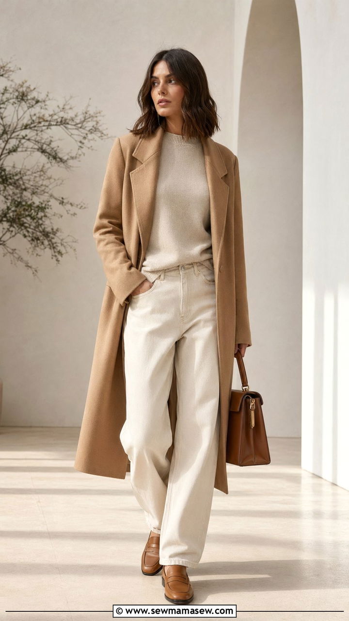 Baggy jeans with beige sweater and camel coat - 30 Baggy jeans outfit ideas with a sweater
