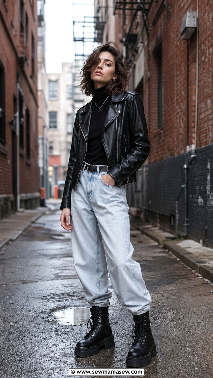 Baggy jeans with black sweater and leather jacket - 30 Baggy jeans outfit ideas with a sweater