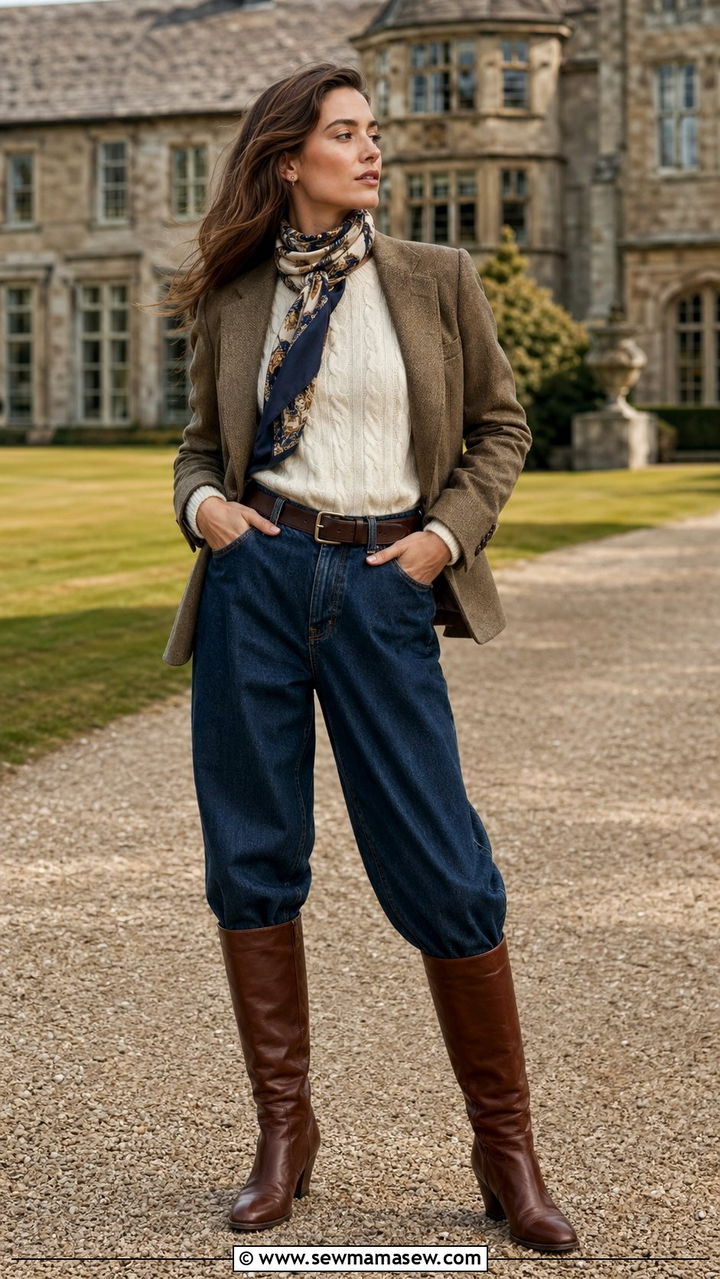 Baggy jeans with cable knit sweater and riding boots - 30 Baggy jeans outfit ideas with a sweater