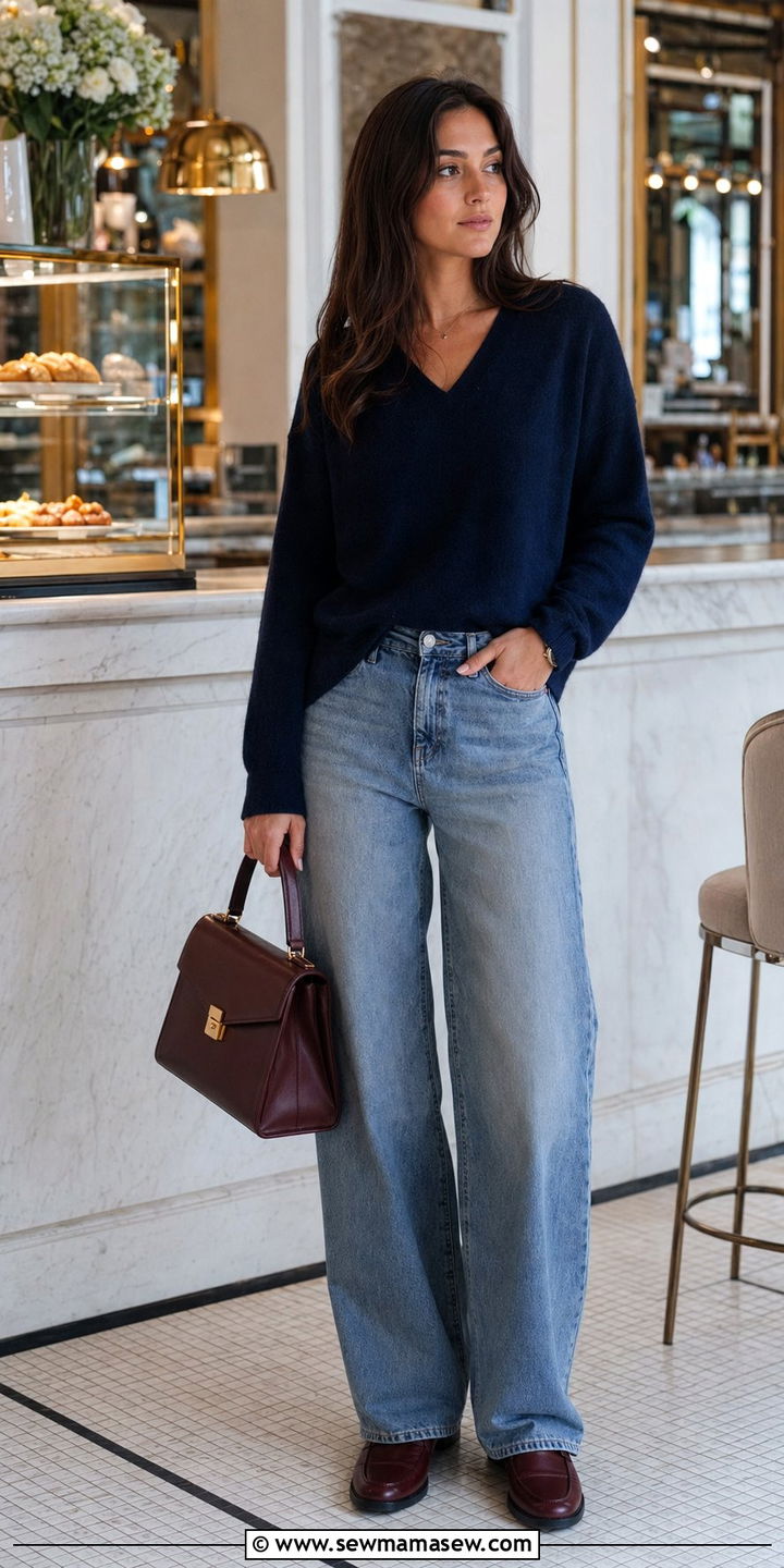 Baggy jeans with cashmere sweater and loafers - 30 Baggy jeans outfit ideas with a sweater