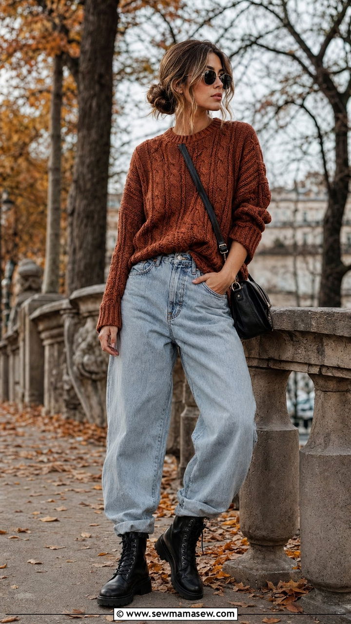 Baggy jeans with chunky knit sweater and combat boots - 30 Baggy jeans outfit ideas with a sweater