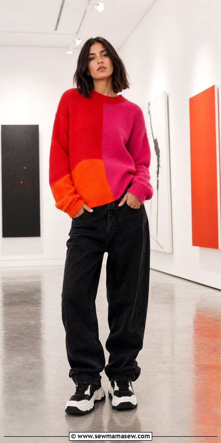 Baggy jeans with color block sweater and platform sneakers - 30 Baggy jeans outfit ideas with a sweater