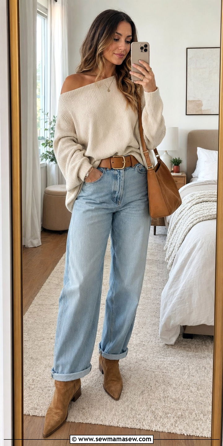 Baggy jeans with cream sweater and tan accessories - 30 Baggy jeans outfit ideas with a sweater