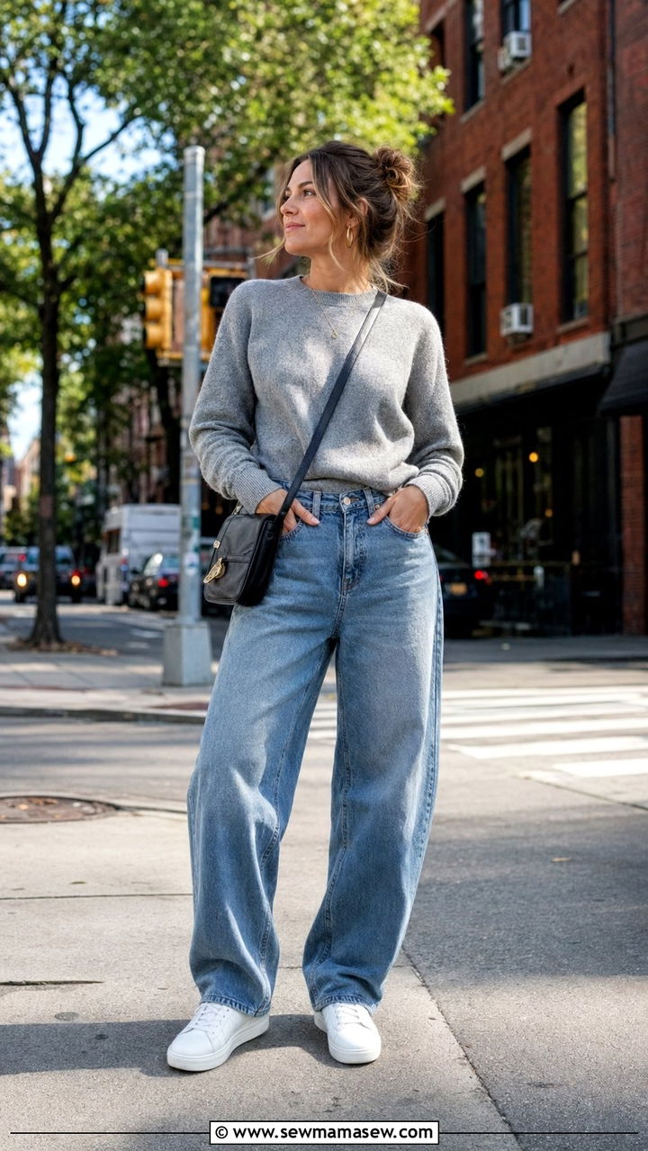Baggy jeans with crewneck sweater and white sneakers - 30 Baggy jeans outfit ideas with a sweater