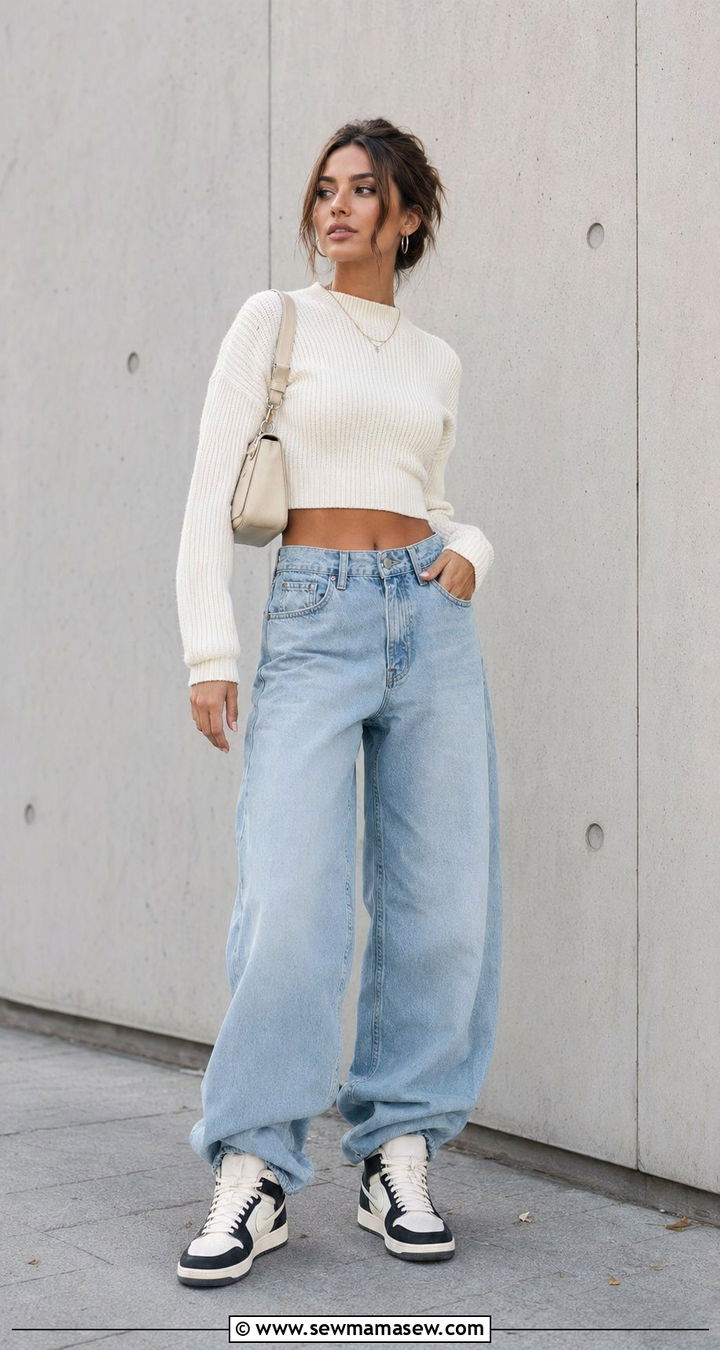 Baggy jeans with cropped sweater and high top sneakers - 30 Baggy jeans outfit ideas with a sweater