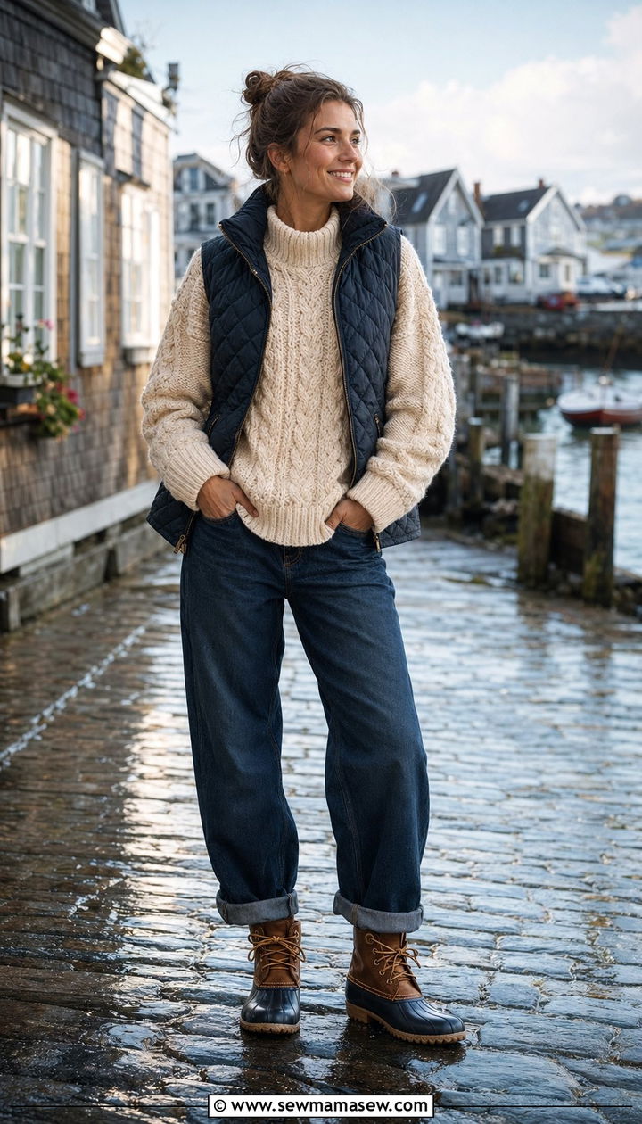 Baggy jeans with fisherman sweater and bean boots - 30 Baggy jeans outfit ideas with a sweater