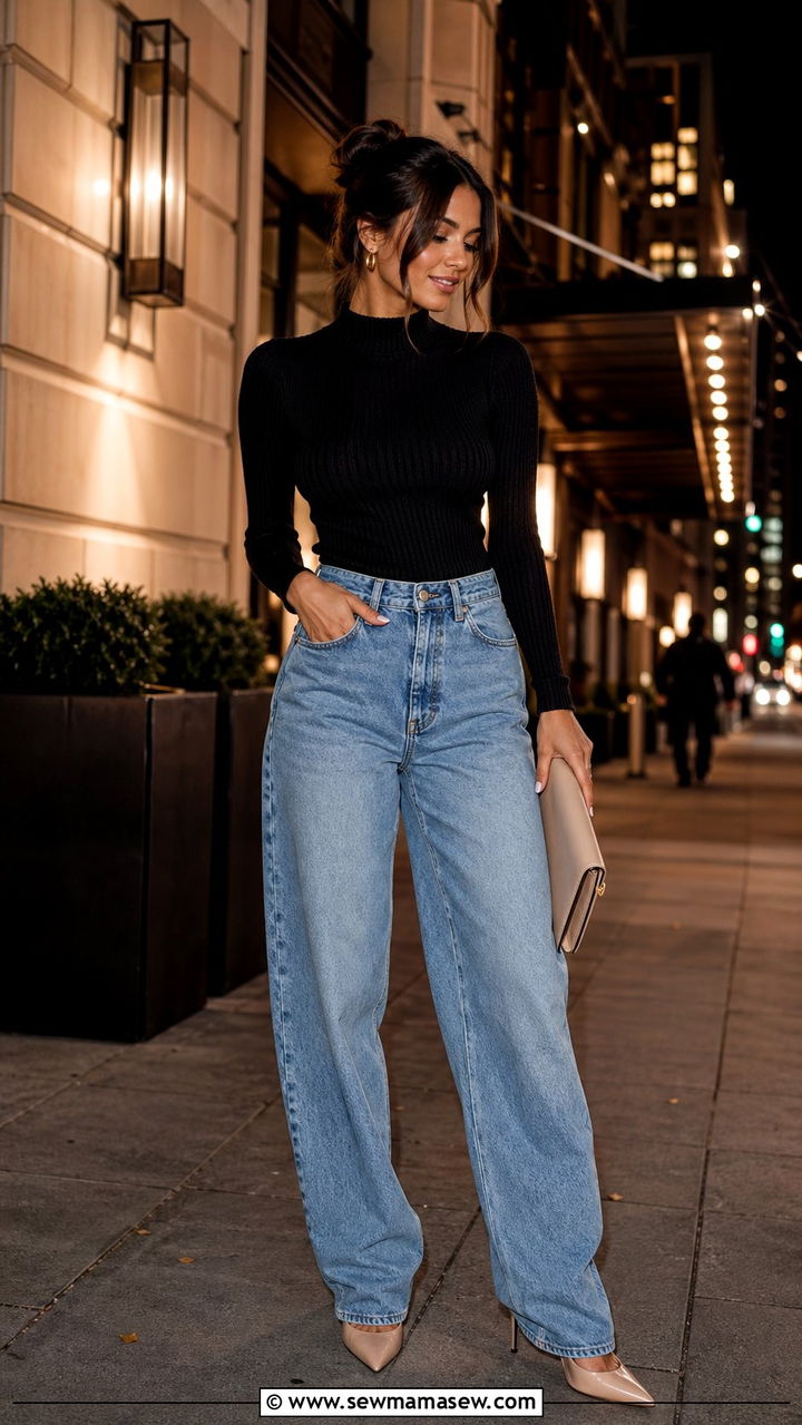 Baggy jeans with fitted sweater and pointed toe heels - 30 Baggy jeans outfit ideas with a sweater
