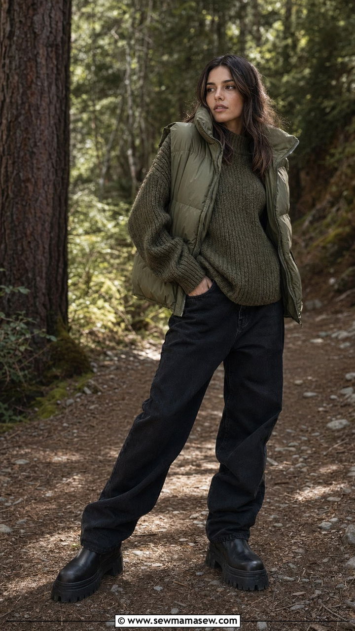 Baggy jeans with green oversized sweater and puffer vest - 30 Baggy jeans outfit ideas with a sweater