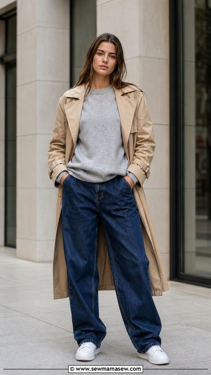 Baggy jeans with grey sweater and trench coat - 30 Baggy jeans outfit ideas with a sweater