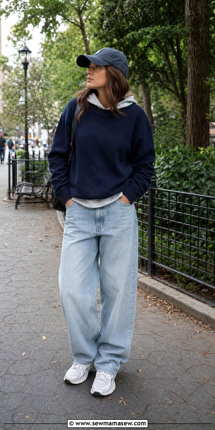 Baggy jeans with hoodie under sweater and baseball cap - 30 Baggy jeans outfit ideas with a sweater