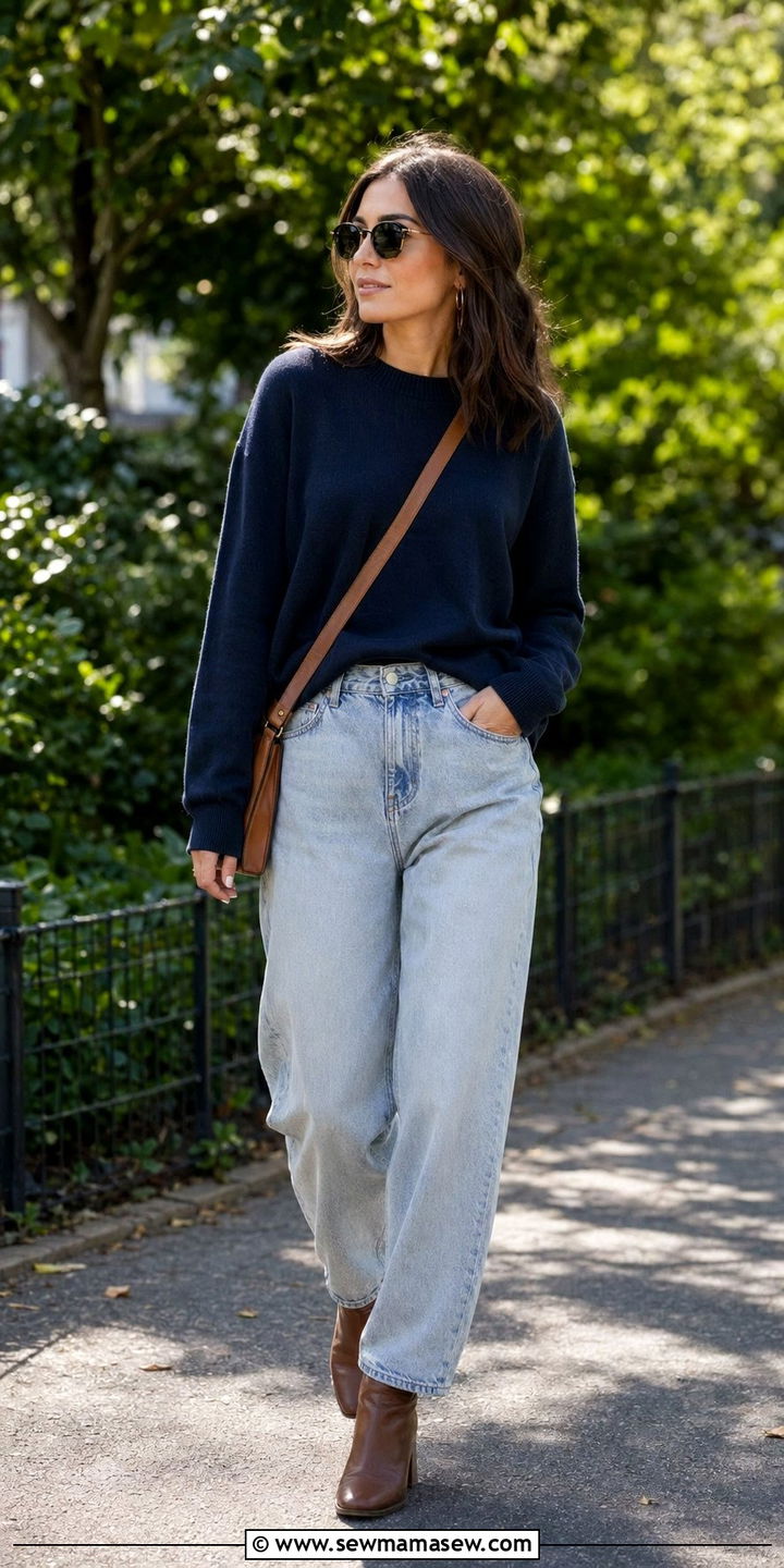 Baggy jeans with navy sweater and brown boots - 30 Baggy jeans outfit ideas with a sweater