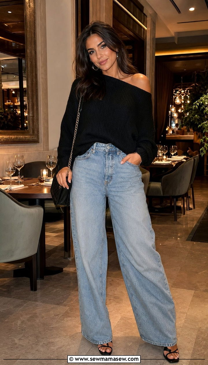 Baggy jeans with off the shoulder sweater and strappy heels - 30 Baggy jeans outfit ideas with a sweater
