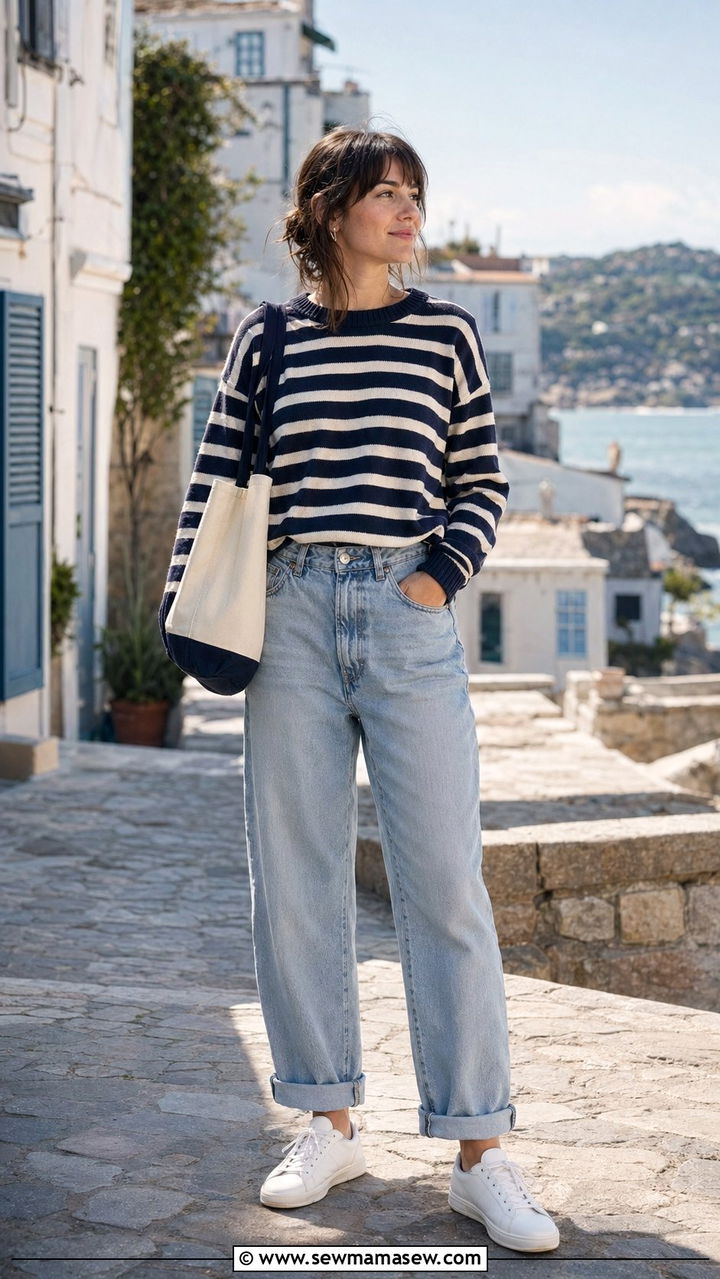 Baggy jeans with striped sweater and white sneakers - 30 Baggy jeans outfit ideas with a sweater
