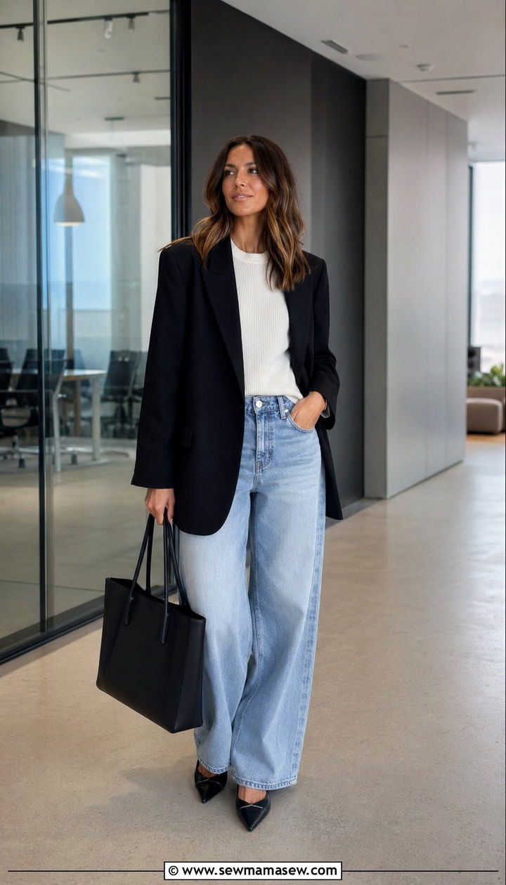 Baggy jeans with sweater and blazer combo - 30 Baggy jeans outfit ideas with a sweater