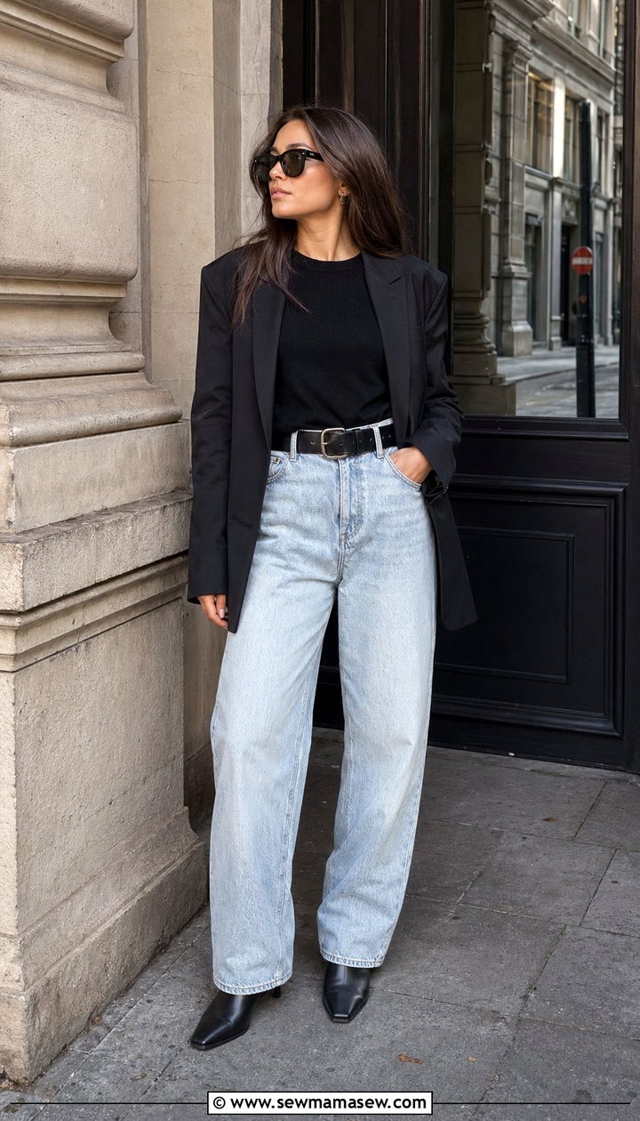 Baggy jeans with sweater tucked in and statement belt - 30 Baggy jeans outfit ideas with a sweater
