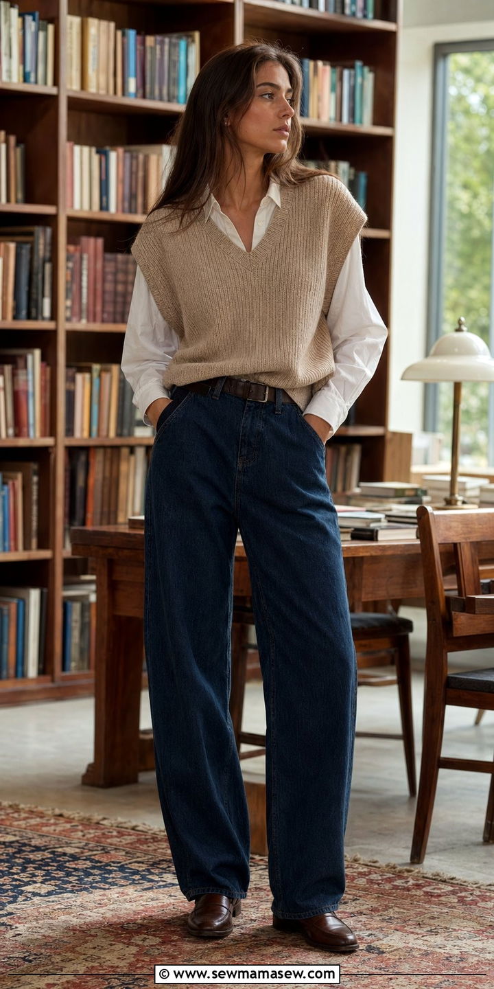 Baggy jeans with sweater vest and button up shirt - 30 Baggy jeans outfit ideas with a sweater