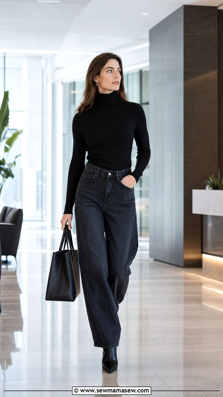 Baggy jeans with turtleneck sweater and ankle boots - 30 Baggy jeans outfit ideas with a sweater