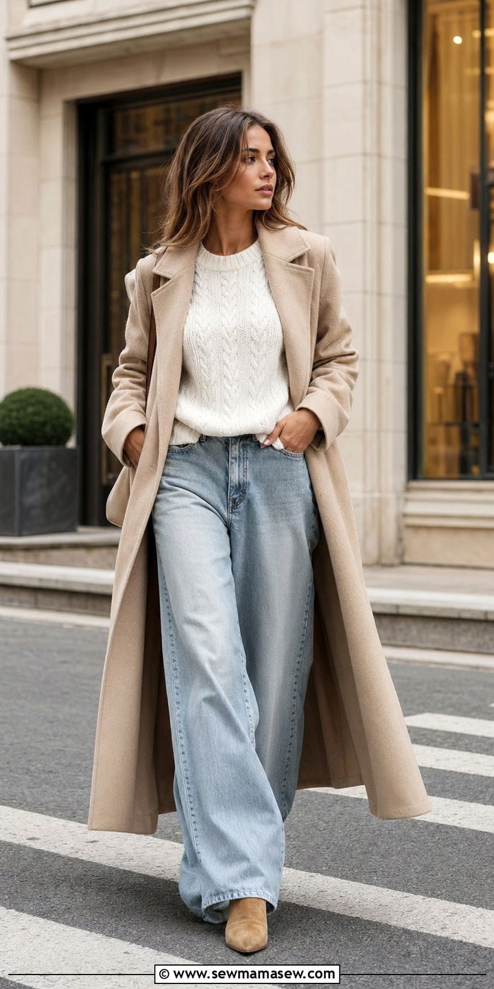 Baggy jeans with white sweater and beige coat - 30 Baggy jeans outfit ideas with a sweater