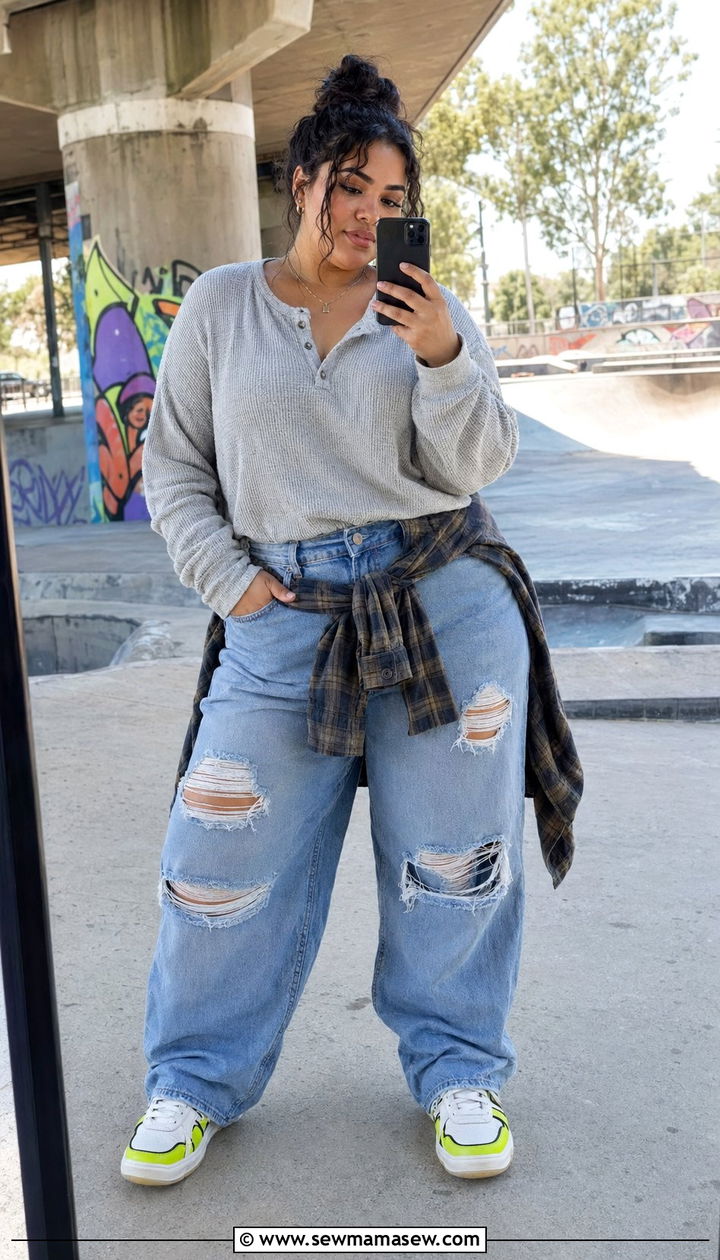 Baggy ripped jeans with a fitted henley and neon accent sneakers - 30 Best jeans for plus size