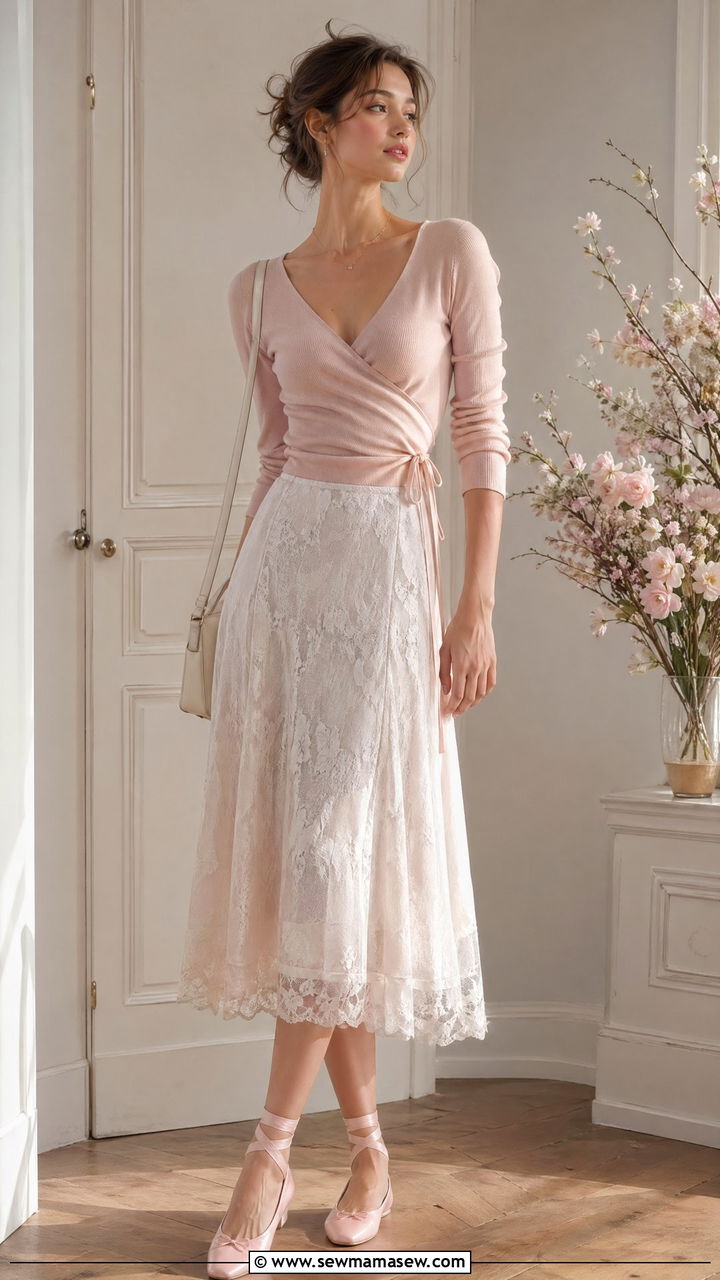 Ballet Wrap Top With Lace Midi Skirt - 35 spring soft girl outfit ideas