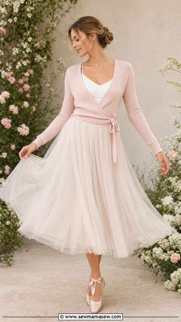 Ballet wrap cardigan and tulle midi skirt outfit - 35 Pinterest outfits