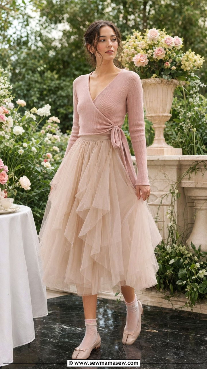 Balletcore Wrap Top With Tulle Midi Skirt - 30 Aesthetic outfit ideas 2026