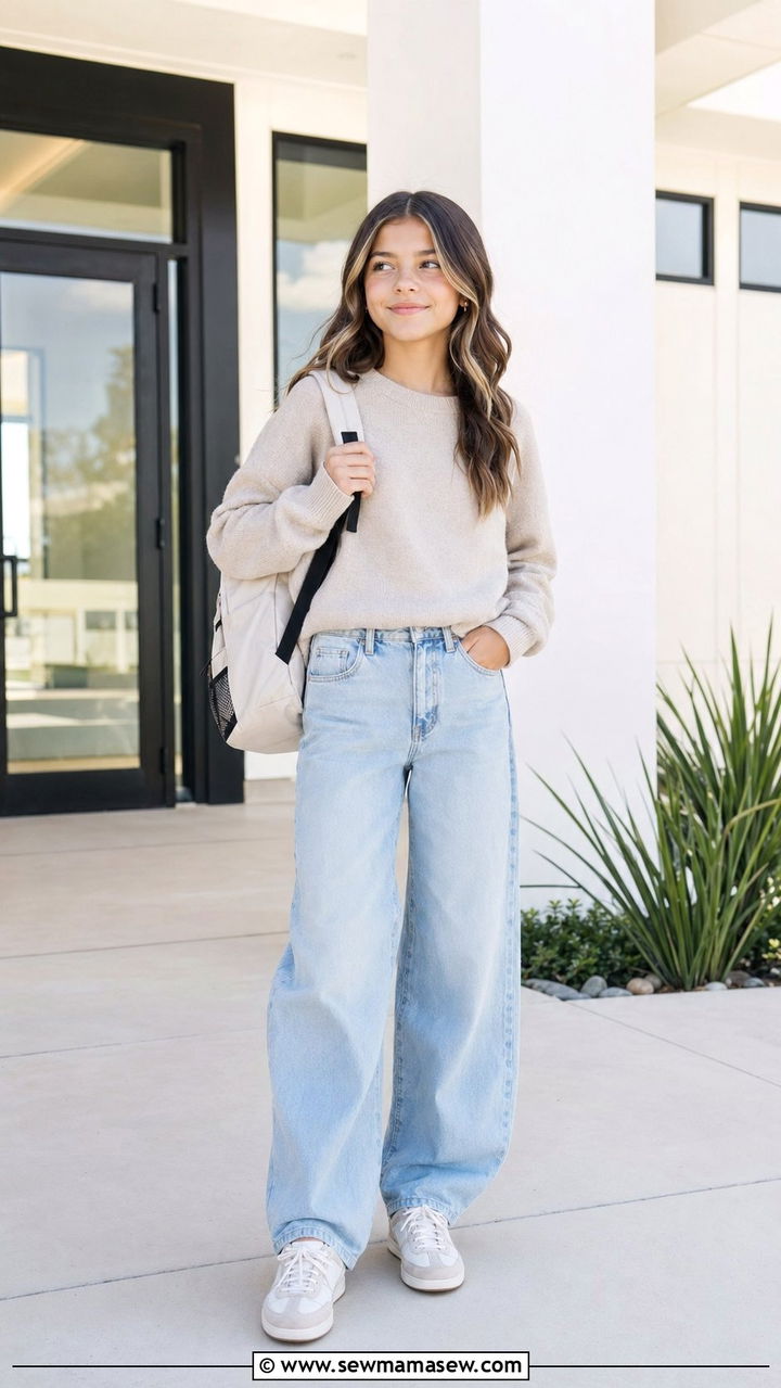 Balloon Mom Jeans With Beige Sweater and Classic Sneakers - 30 Back to school outfit ideas middle school 2026