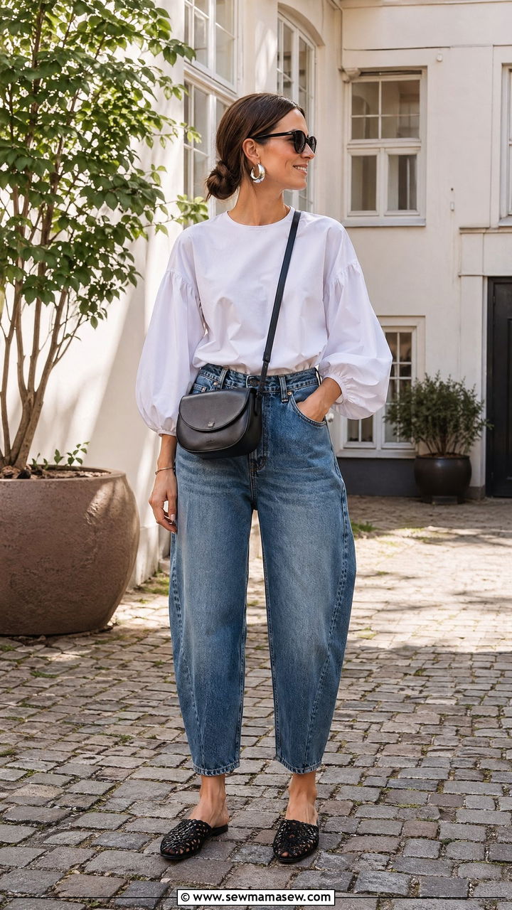 Balloon Sleeve Top With Barrel Jeans Outfit - 35 Copenhagen outfit ideas