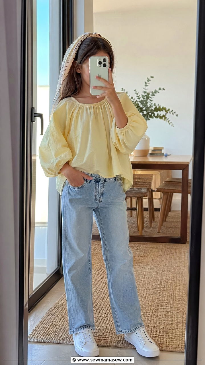 Balloon sleeve top and jeans - 35 Spring outfits for little girls