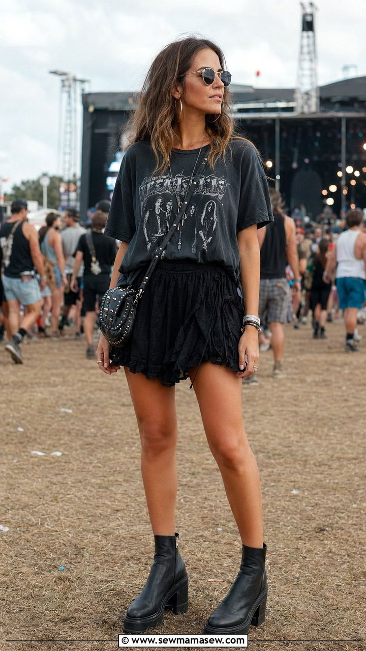 Band Graphic Tee and Mini Skirt - 30 Weekend music festival outfit ideas
