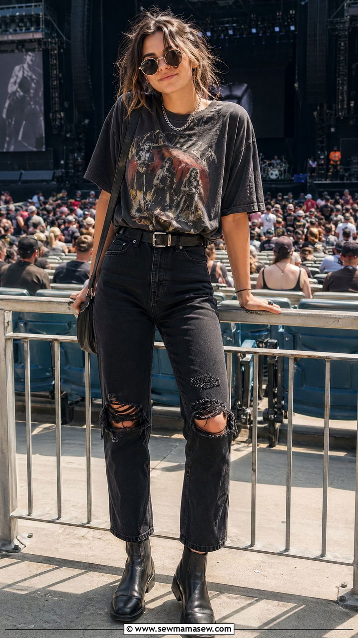Band Tee And Ripped Jeans Summer Concert Outfit - 35 summer concert outfit ideas for women