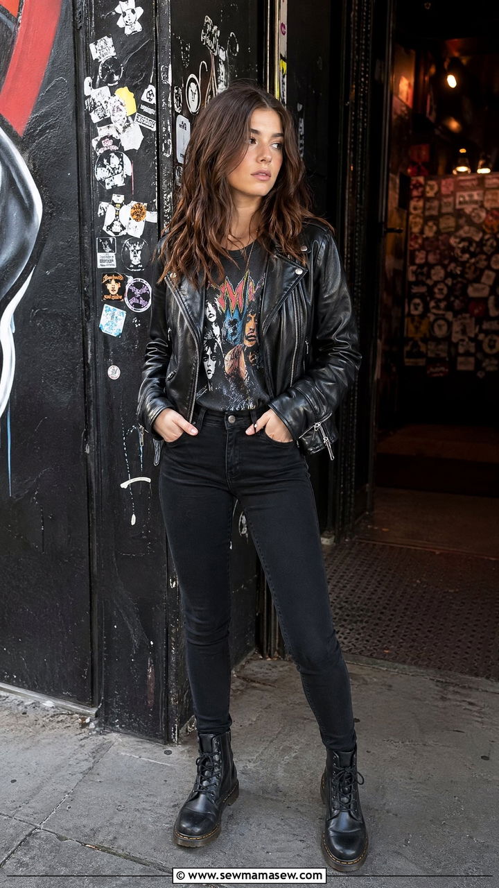 Band Tee With Leather Jacket And Skinny Jeans - 35 Trendy outfits for teens
