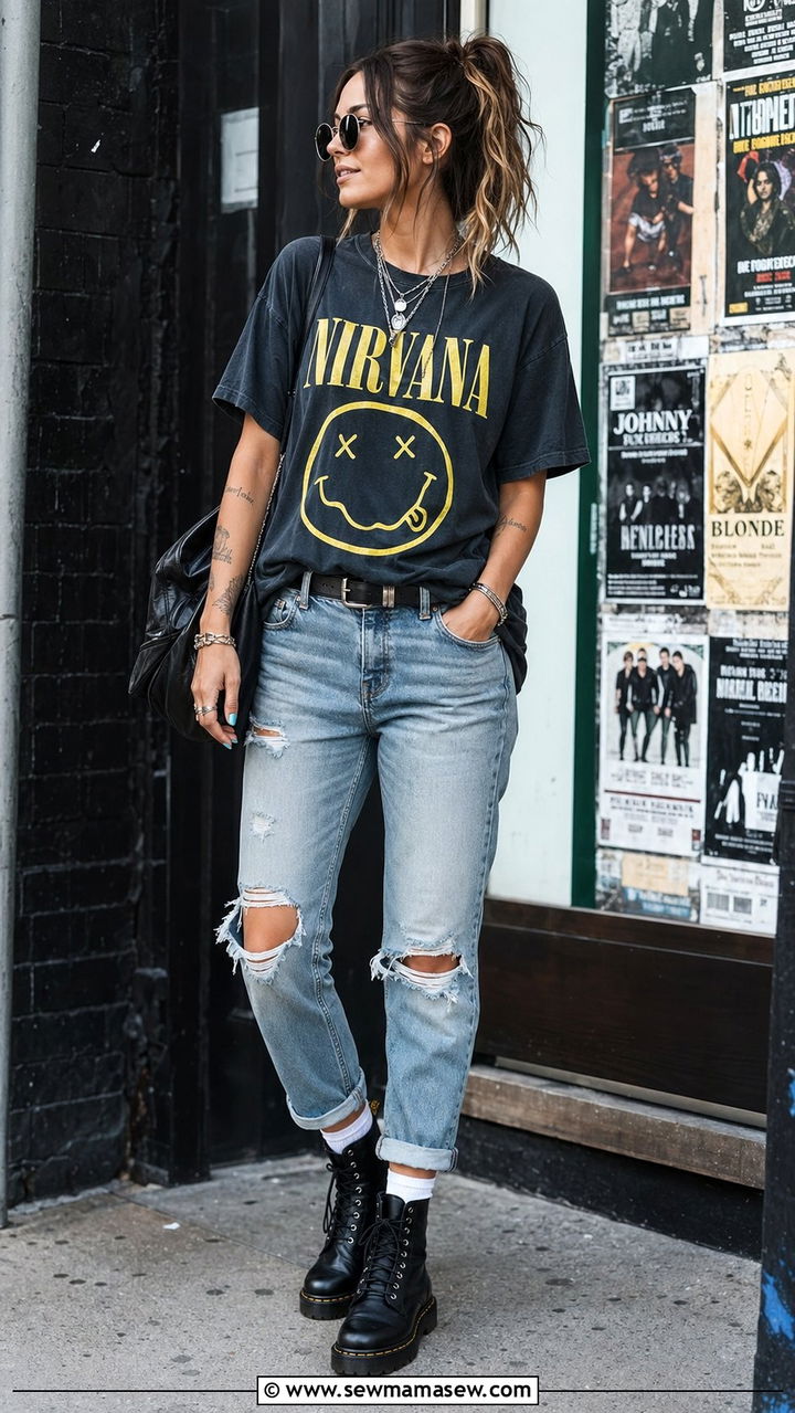 Band Tee with Distressed Denim and Combat Boots - 30 90s outfit ideas 2026
