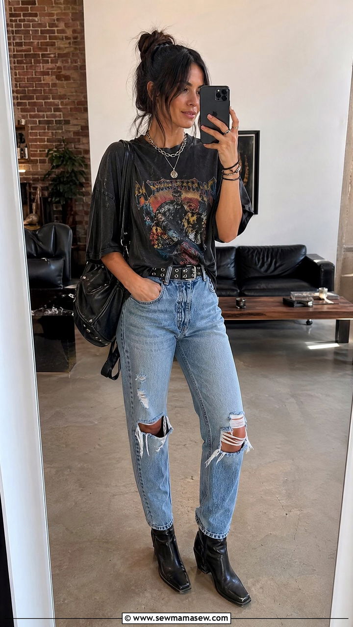 Band tee and ripped jeans - 35 Summer outfits with jeans