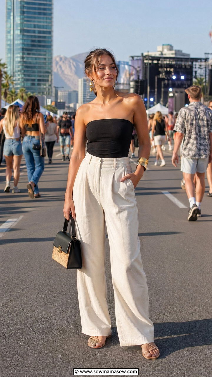 Bandeau Top With High Waisted Wide Leg Trousers - 35 casual music festival outfits