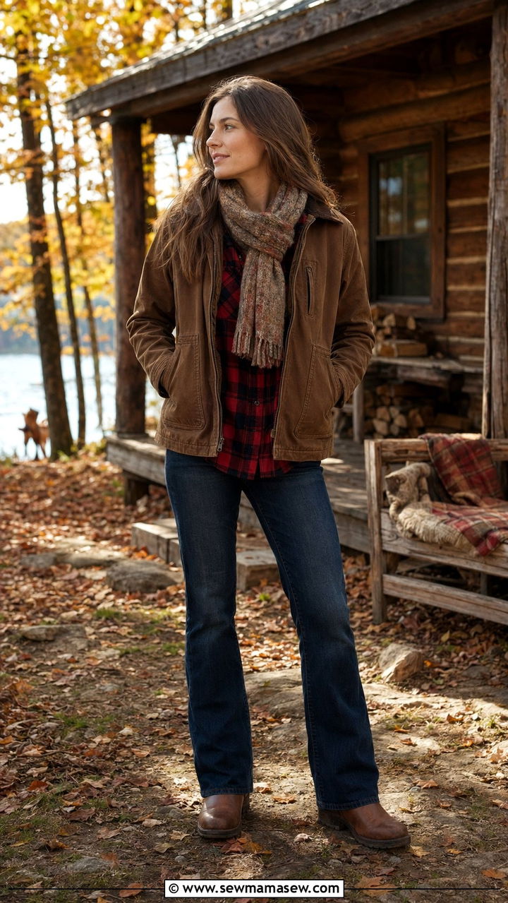 Barn Jacket Layered Over A Flannel Shirt And Bootcut Jeans - 30 Barn jacket outfit ideas