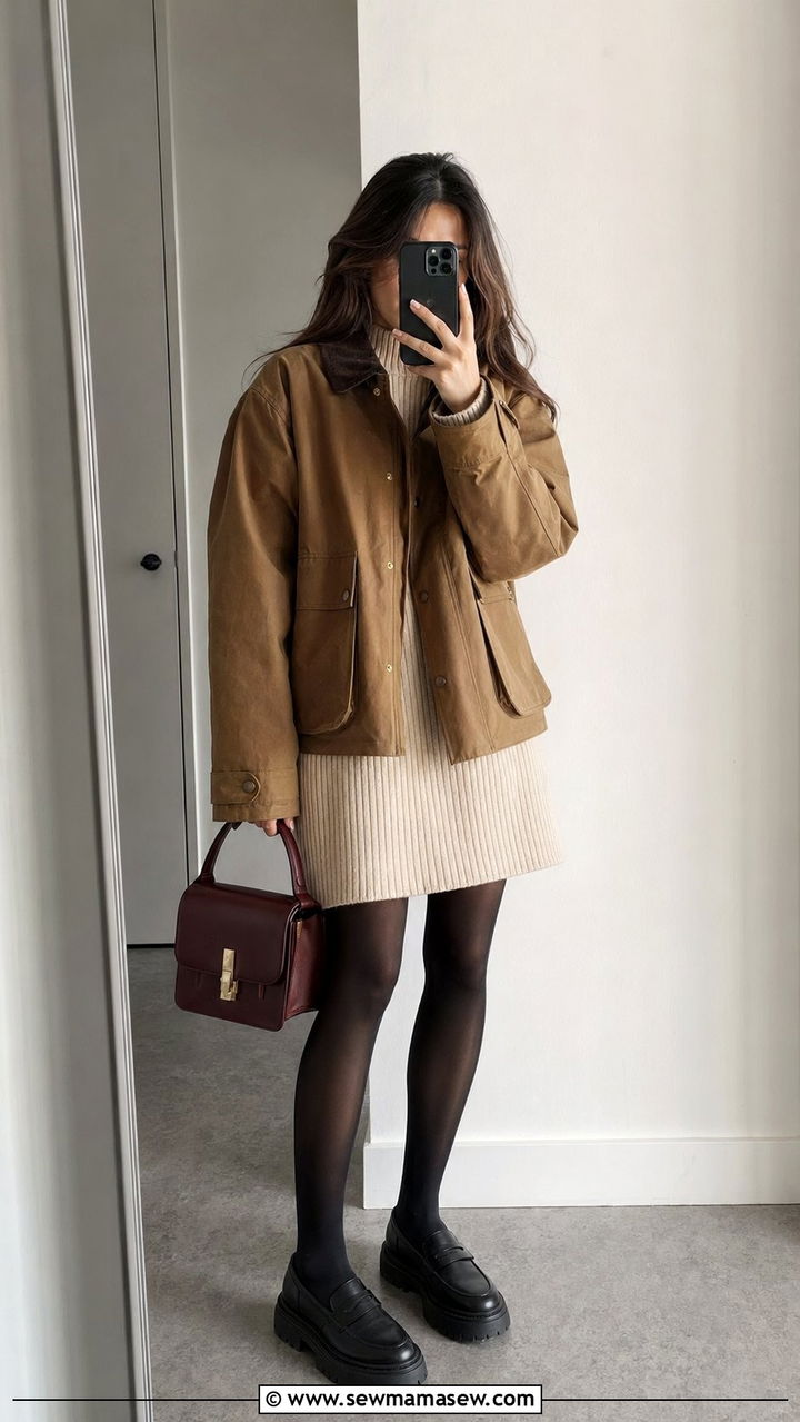 Barn Jacket Over A Sweater Dress And Chunky Loafers - 30 Barn jacket outfit ideas