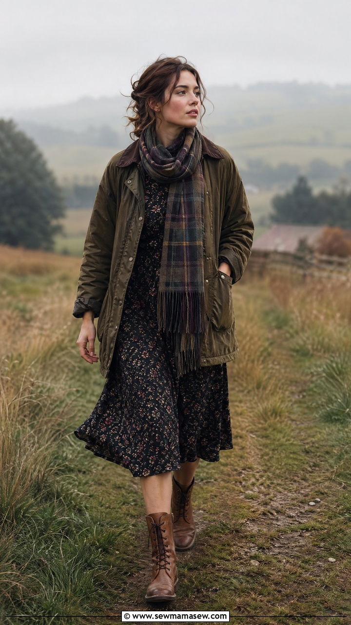 Barn Jacket Over Floral Dress With Lace Up Boots - 35 Cottagecore outfit ideas