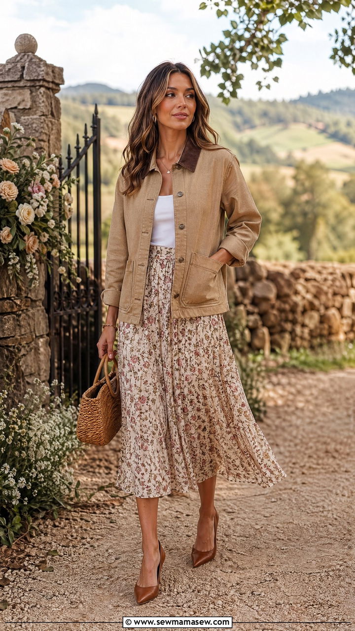 Barn Jacket Over Floral Midi Skirt And Heeled Pumps - 35 Summer transition outfits