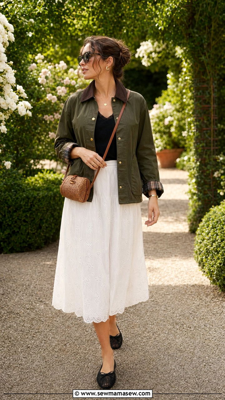 Barn Jacket With A Full Midi Skirt And Crochet Flats - 30 Barn jacket outfit ideas