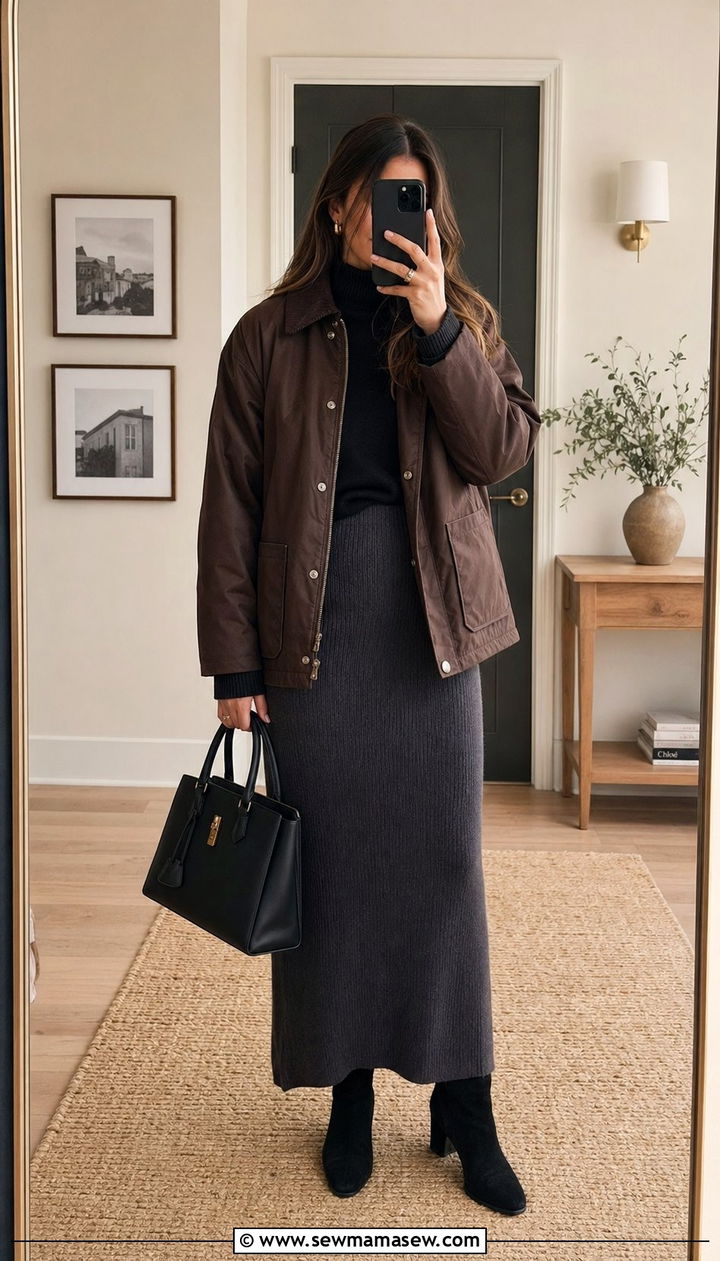 Barn Jacket With A Knit Maxi Skirt And Ankle Boots - 30 Barn jacket outfit ideas