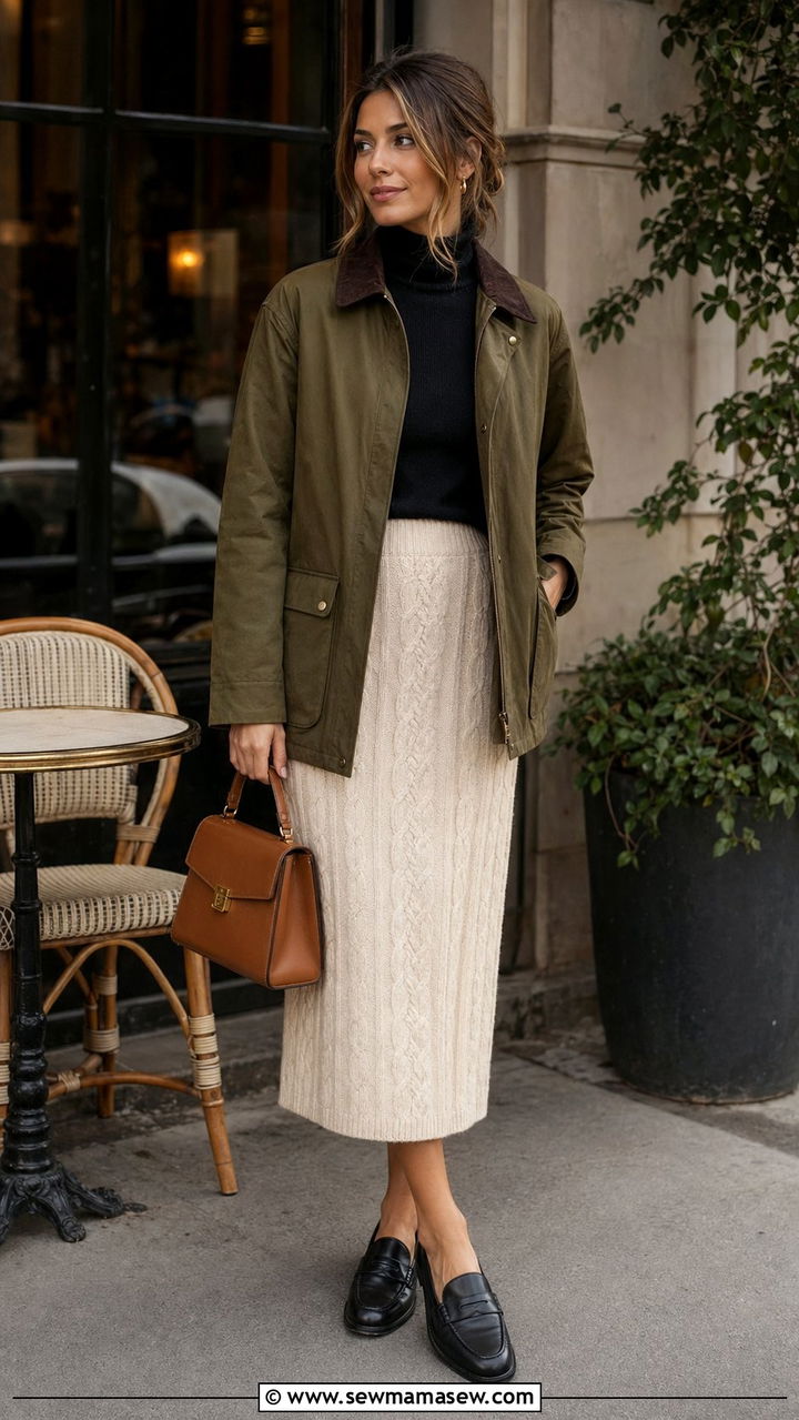 Barn Jacket With A Knit Midi Skirt And Loafers - 30 Barn jacket outfit ideas