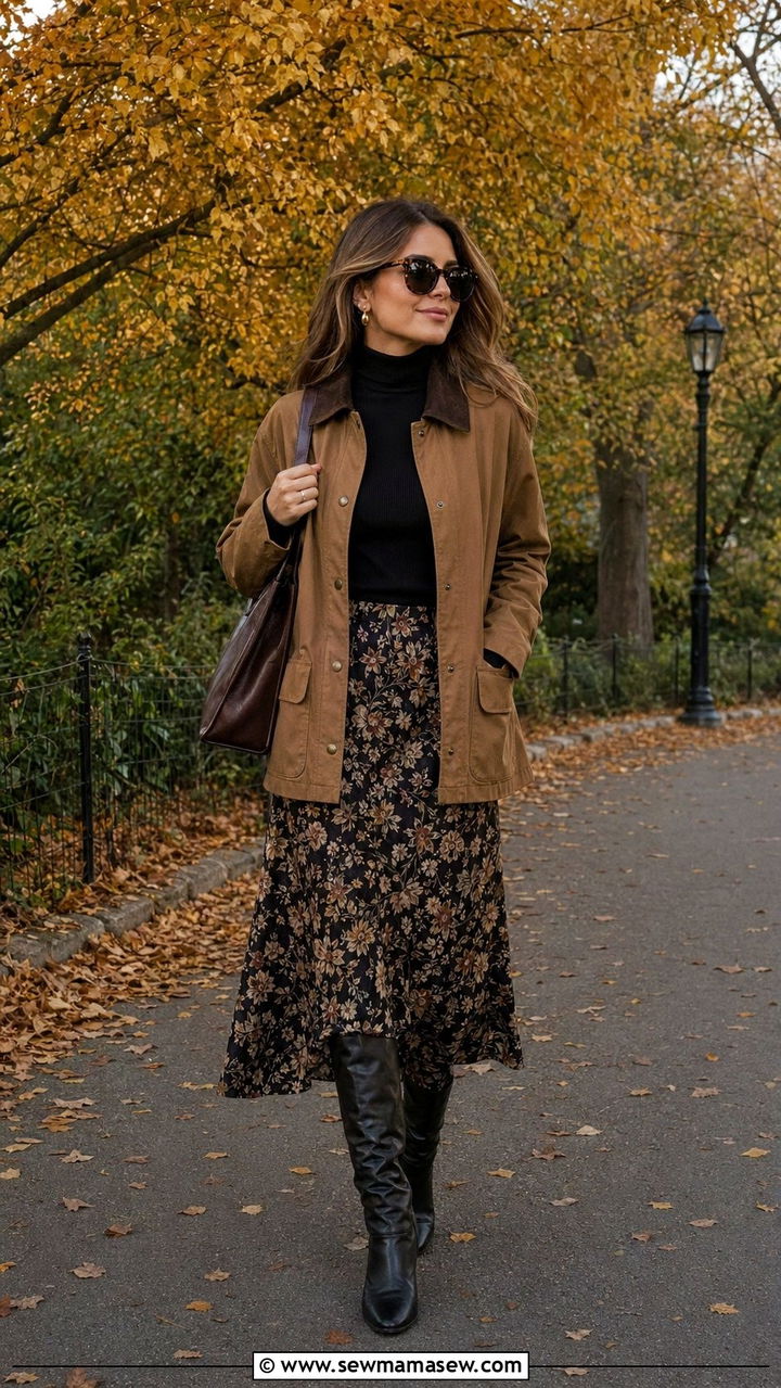 Barn Jacket With A Midi Skirt And Knee High Boots - 30 Barn jacket outfit ideas
