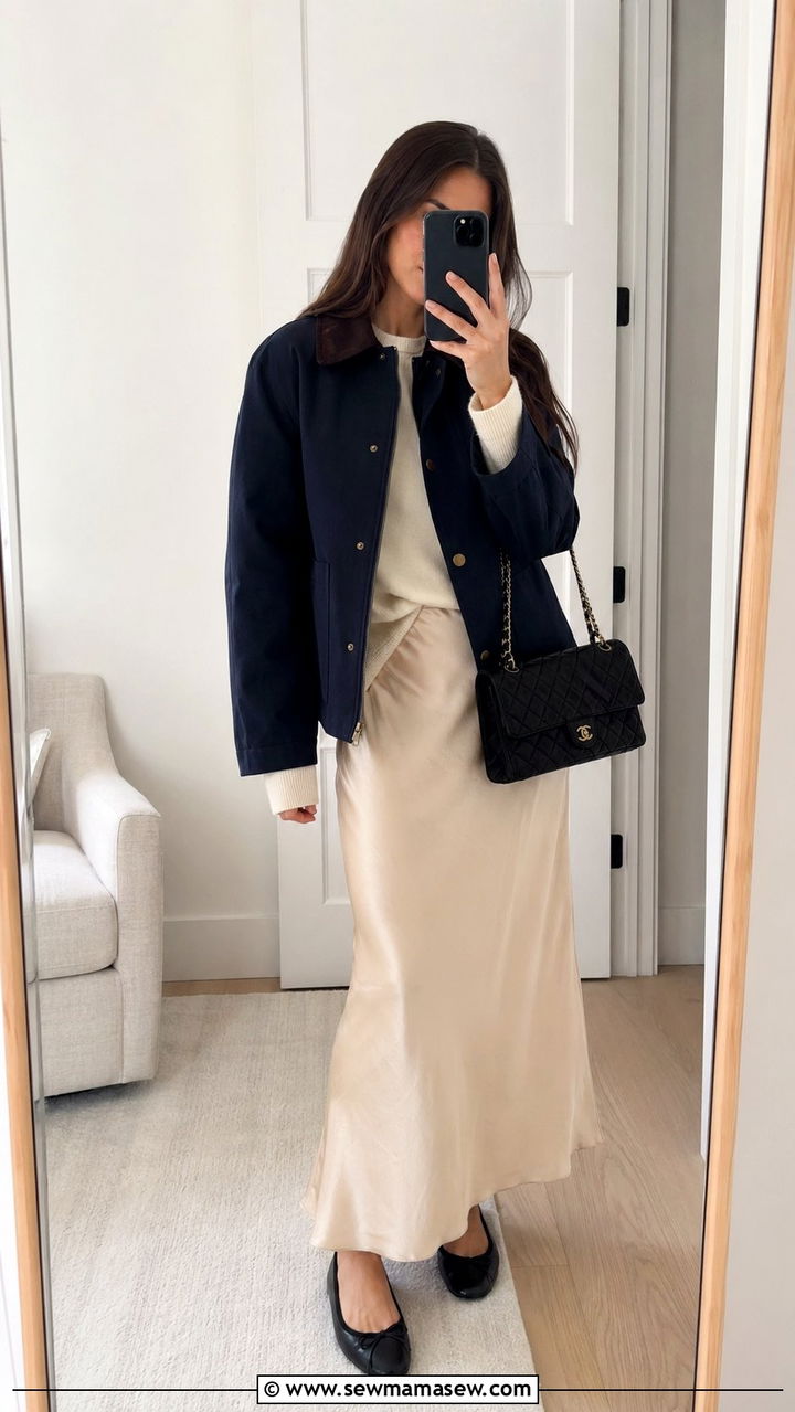 Barn Jacket With A Slip Skirt And Ballet Flats - 30 Barn jacket outfit ideas