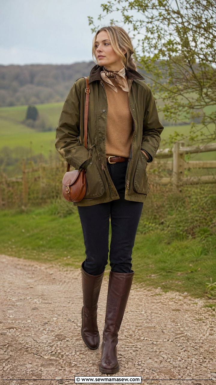 Barn Jacket With Cashmere Sweater and Riding Boots - 35 transitional old money outfit ideas