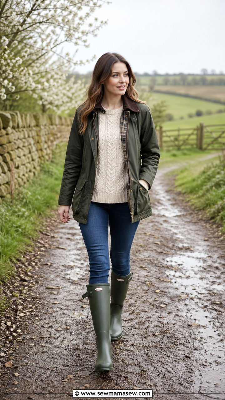 Barn Jacket With Chunky Knit Sweater And Skinny Jeans Tucked Into Wellies - 30 Spring countryside outfits