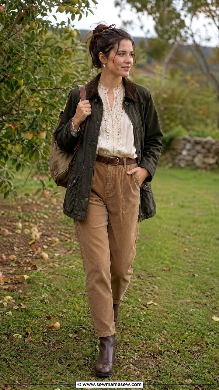 Barn Jacket With Corduroys And Lace Blouse - 35 cottagecore outfits for women